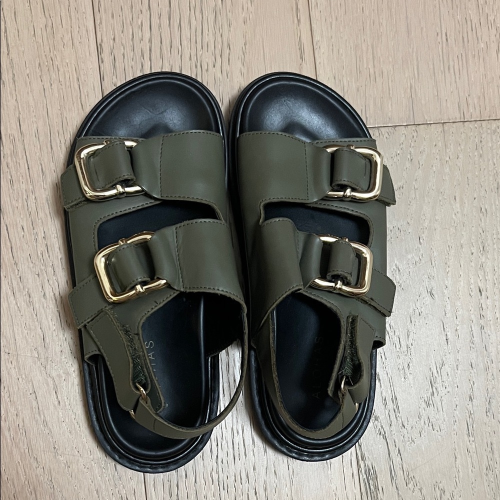 ALOHAS Olive Green Sandals with Gold Buckles